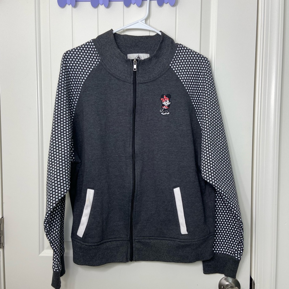 EUC Disney women’s gray Minnie Mouse patch polka dot sleeve full‎ zip sweatshirt